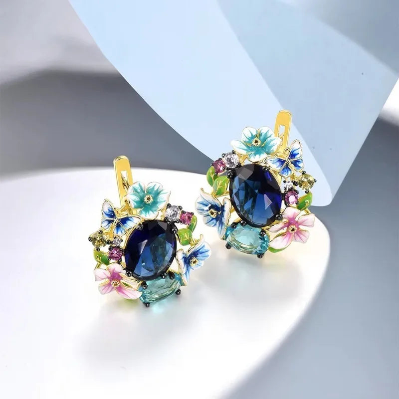 1pair Women Gold Color Hoop Earrings Aesthetic Colorful Enamel Flower Design Wedding Party Accessories Trendy Jewelry with CZ