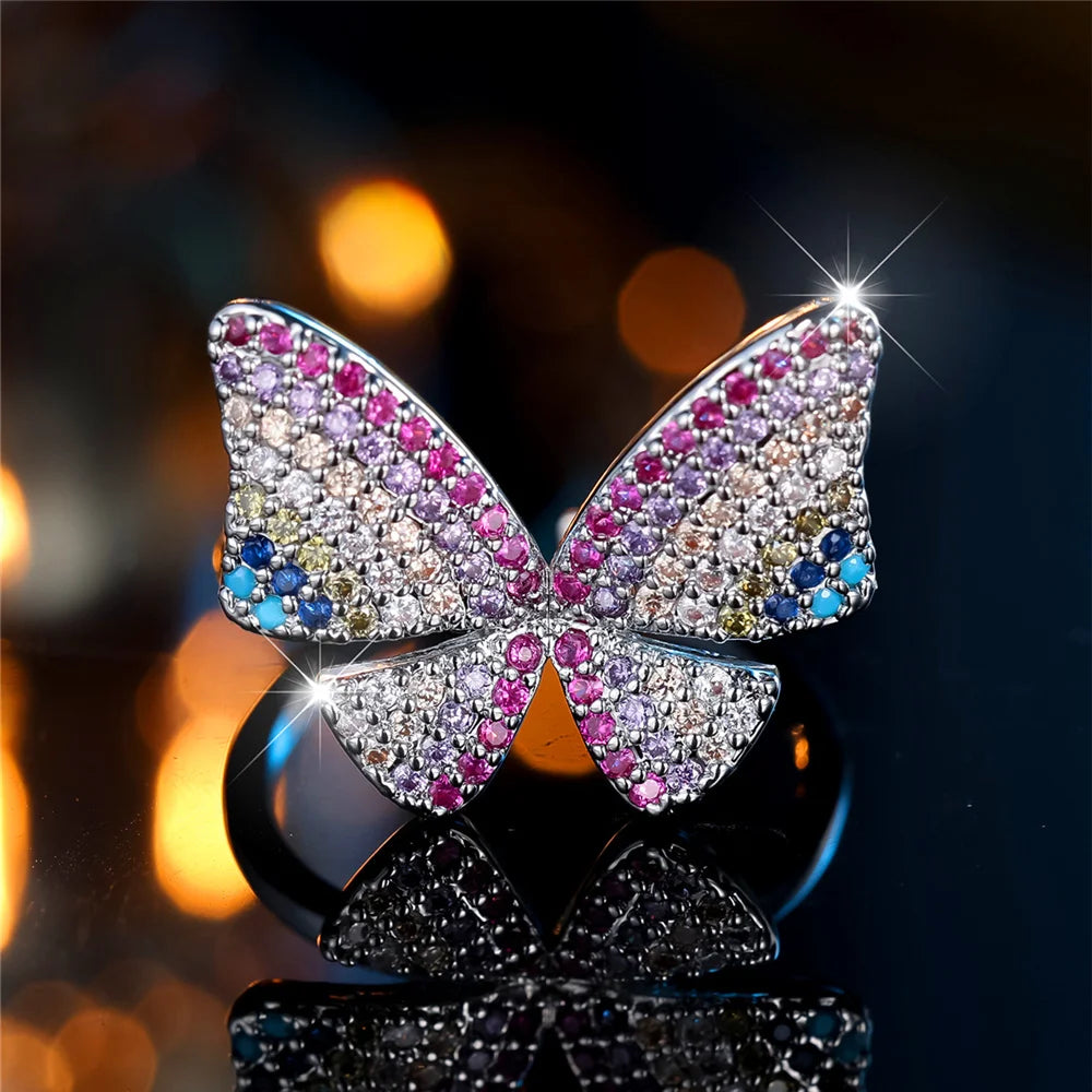 Charm Female Rainbow Butterfly Stone Adjustable Open Ring Gold Silver Color Cute Gift Wedding Jewelry For Women