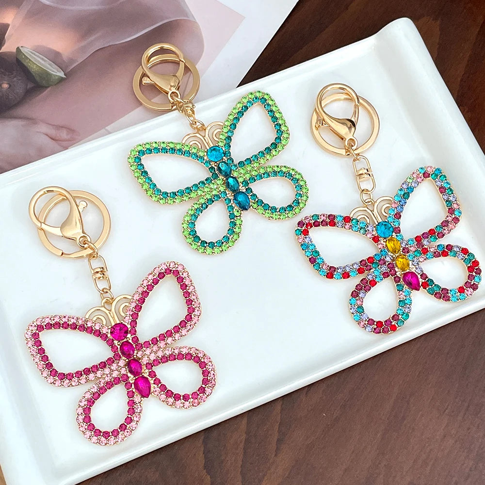 Large Crystal Mixed Color Butterfly Keychain Hollowed-out Design Women's Luxury Bag Pendant Souvenir Gift