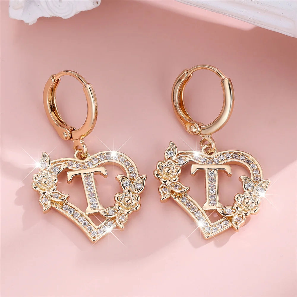 Female A-Z 26 Letter Heart Flower Hoop Earrings Yellow Gold Color White Zircon Wedding Jewelry For Women