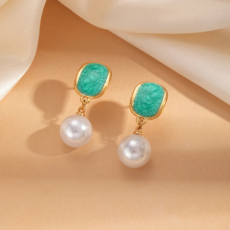 ANENJERY 316L Stainless Steel Geometric Elliptical Drop Glazed Enamel Pearl Earring For Women Fashion Luxury Niche Jewelry Gift