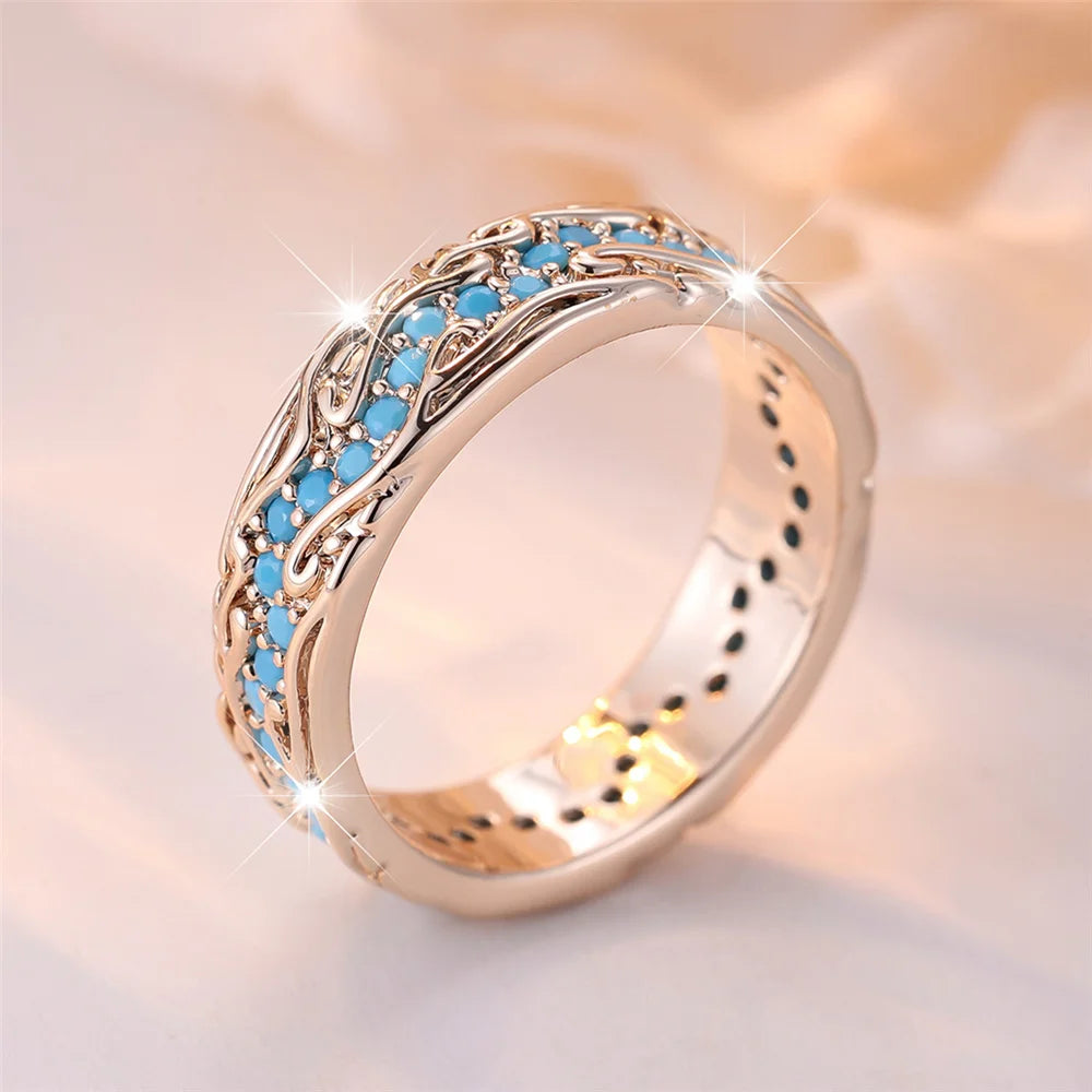 Cute Female Blue Round Stone Ring Novelty Gold Color Party Jewelry For Women