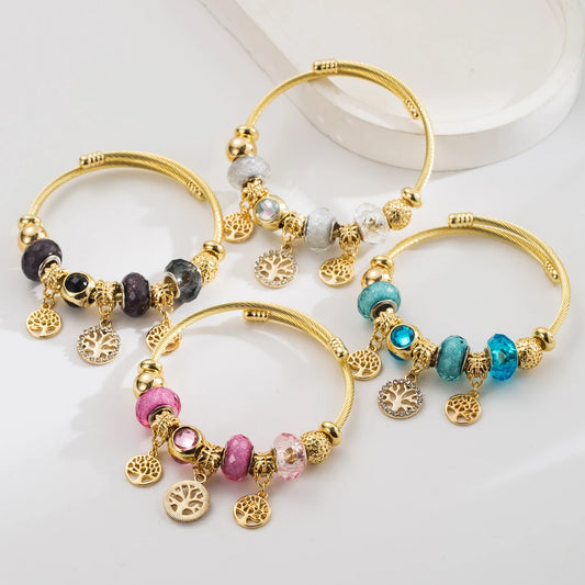 European And American New Personalized Creative Life Tree Tower Pendant Bracelet Alloy Inlaid Diamond Adjustable Stainless Steel