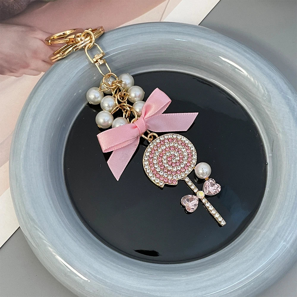 Cartoon Anime Love Pearl Blue Crystal Bow Lollipop Keychain Souvenir Gift for Family Friends