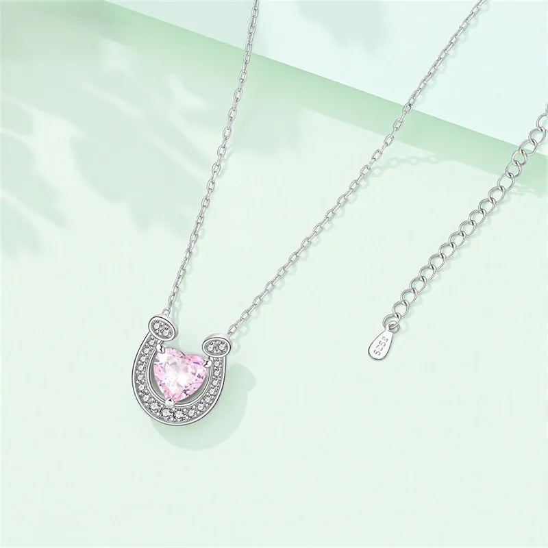 2026 New 925 Sterling Silver Pink Zirconium Horseshoe Necklace For Women Birthday Anniversary Jewelry Gifts