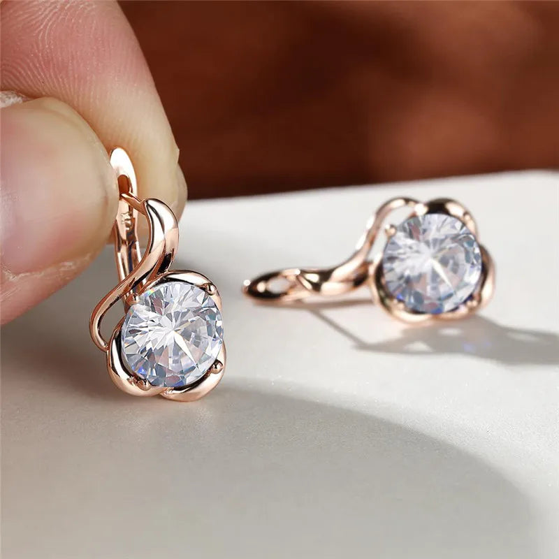Female Crystal Round Red Green Purple Zircon Stone Flower Hoop Earrings Charm Rose Gold Color Wedding Jewelry Earrings For Women