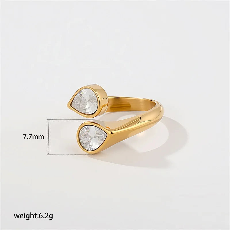 EILIECK Delicate Cubic Zirconia Teardrop Adjustable Rings Stainless Steel Fashion Open Ring High Quality Chic Charm Jewelry