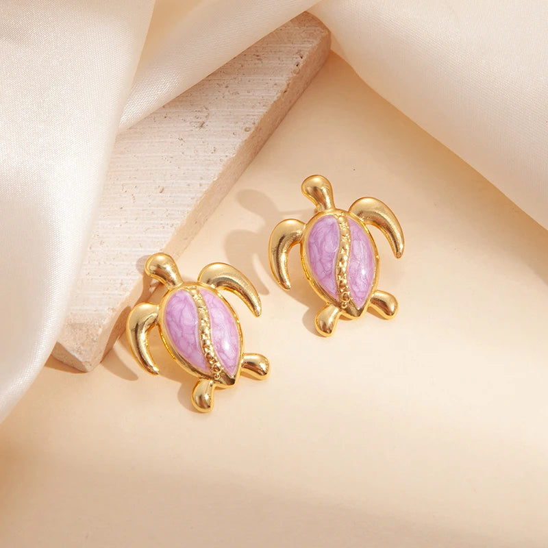ANENJERY 316L Stainless Steel Colorful Stripes Turtle Earrings For Women Niche Design Unique Cute Jewelry Gifts Wholesale