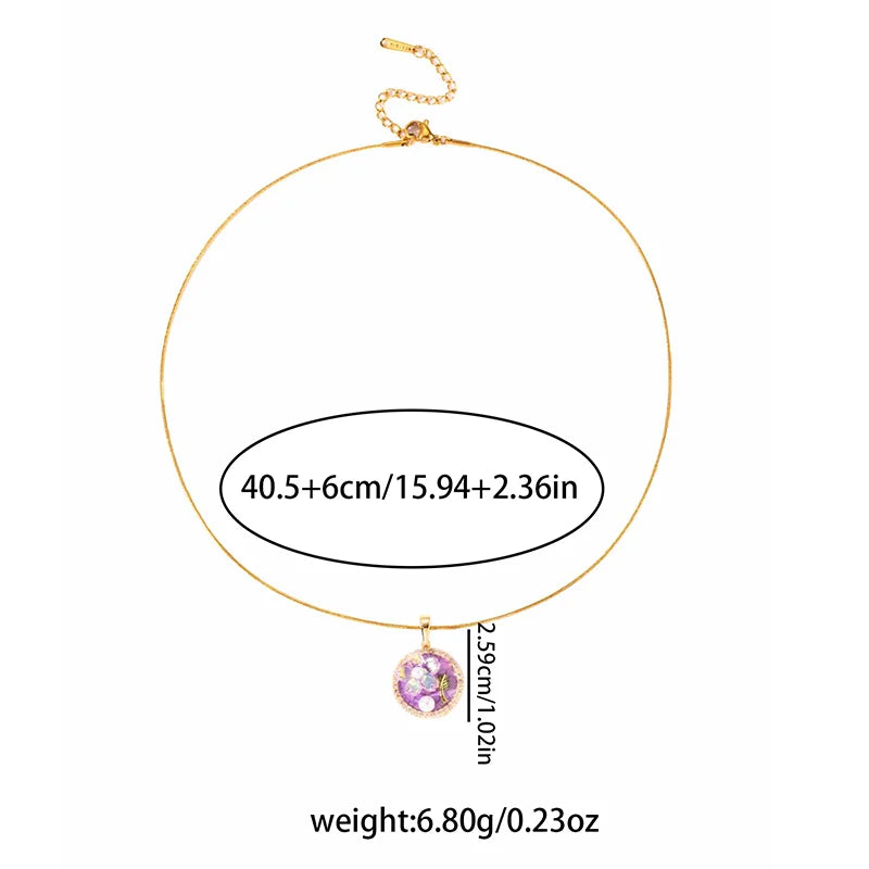 ANENJERY 316L Stainless Steel Pink Blue Round Card Flower Necklace For Women Glamorous French Lady Jewelry Gifts Wholesale