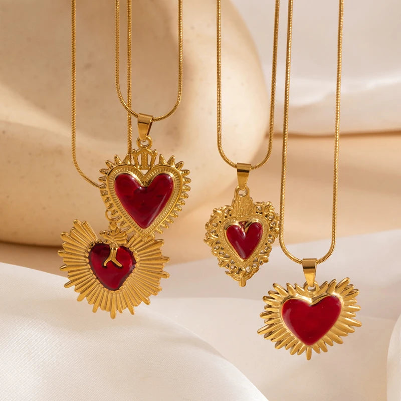 ANENJERY 316L Stainless Steel Red Heart Geometry Pendant Necklace For Women Vintage French Elegant Jewelry Gifts Wholesale