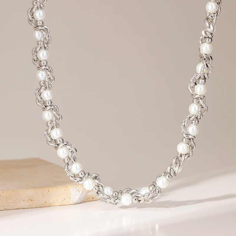EILIECK 316L Stainless Steel Pearl Chain Necklace Bracelet Set For Women Fashion Waterproof Silver Color Jewelry Set Gift Party