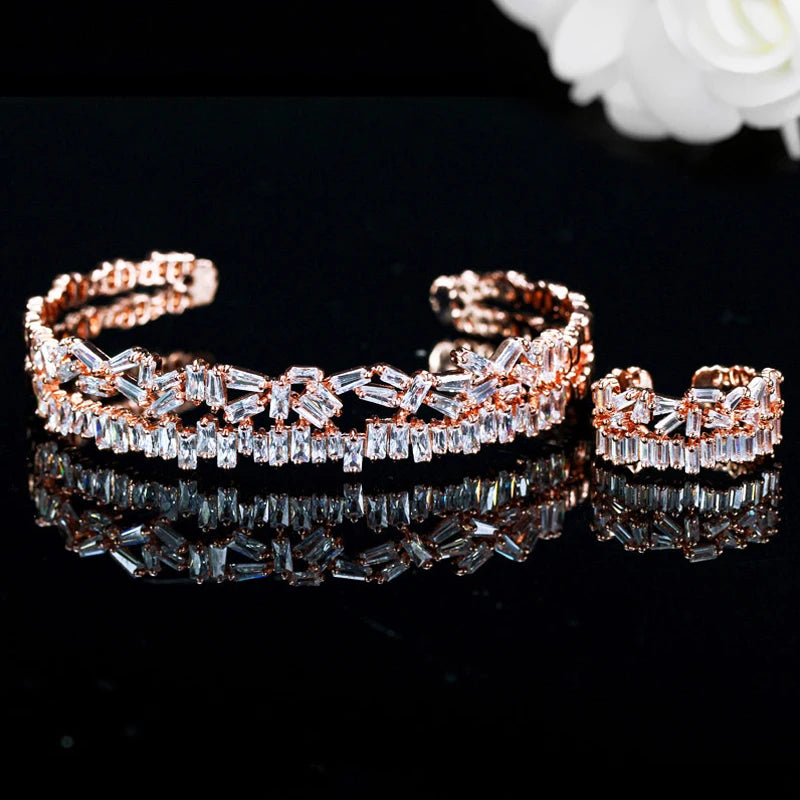 ThreeGrace Fashion Sparkling Cubic Zirconia Adjustable Size Bangle Ring Set for Women New Trendy Wedding Party Jewelry JS538