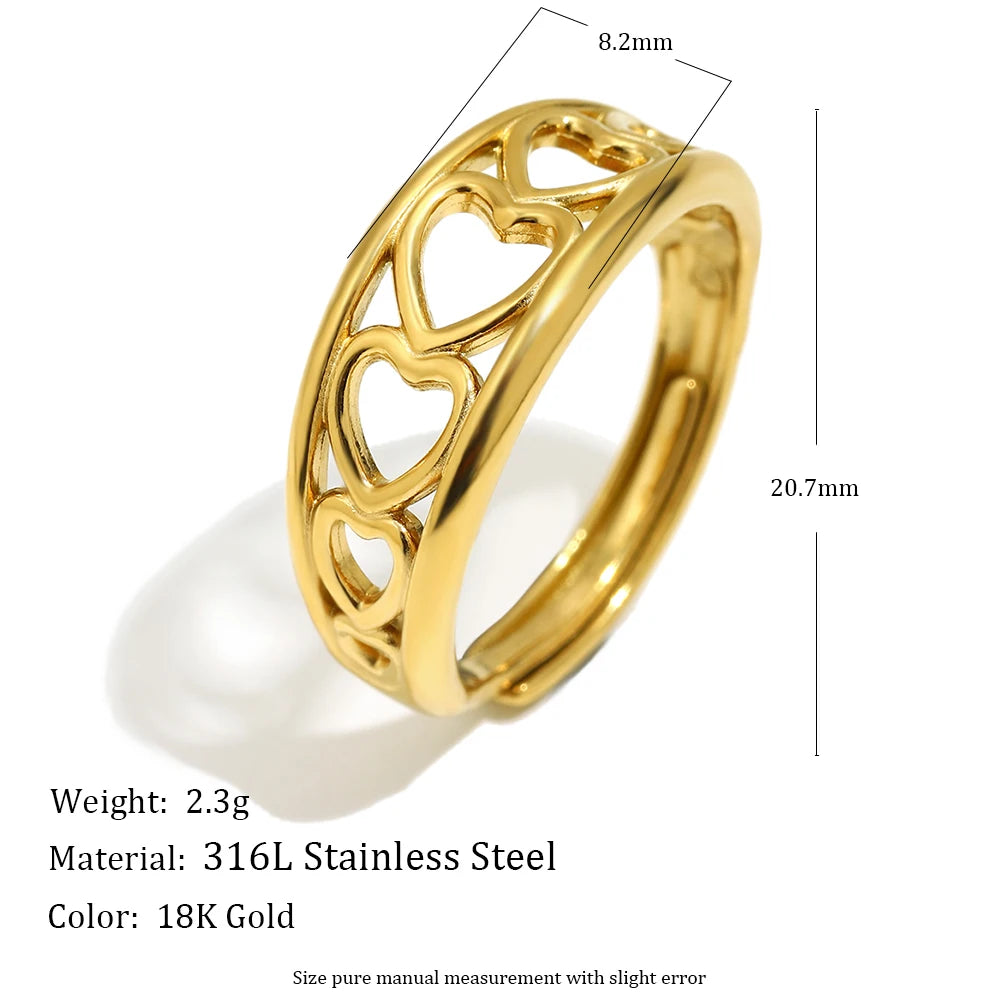 E.B.belle Stainless Steel Open Series Heart Flower Ring Gold Artistic And Sweet Design Women's Jewelry Accessories For Gift