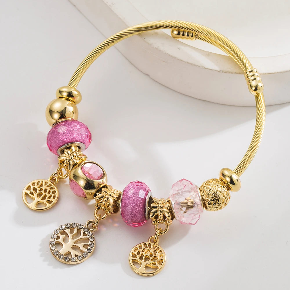 European And American New Personalized Creative Life Tree Tower Pendant Bracelet Alloy Inlaid Diamond Adjustable Stainless Steel