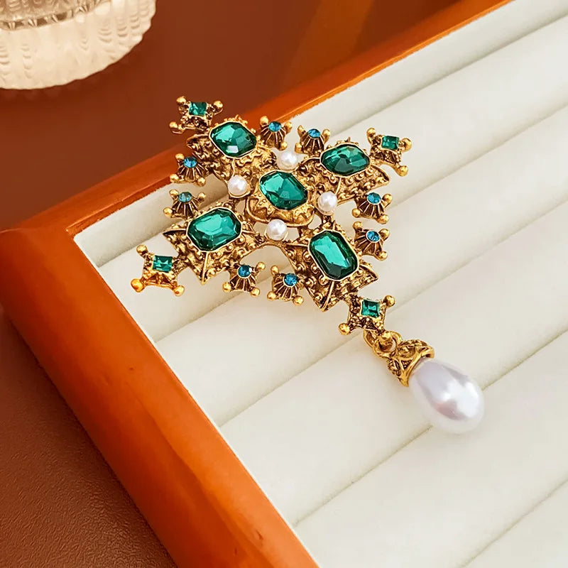 Vintage Cross Brooch for Women Geometric Green Crystal Pearl Pendant Jewelry Accessories