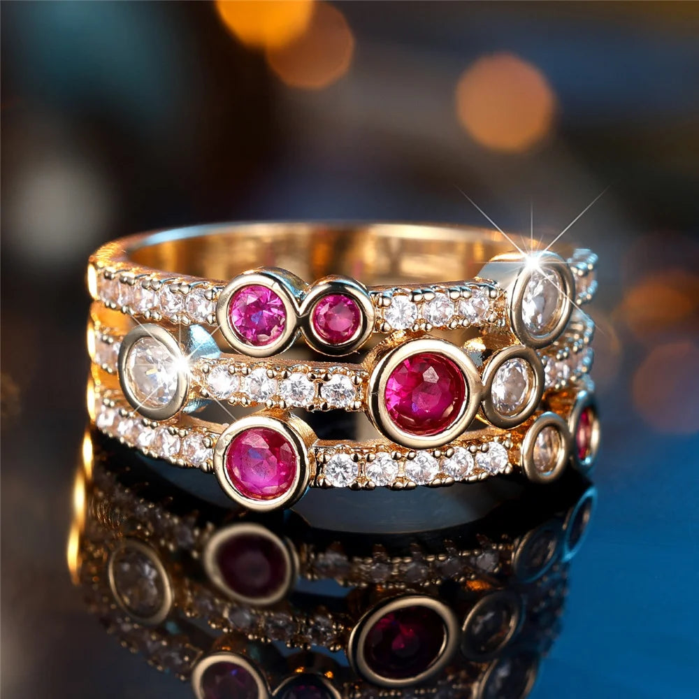 Cute Female Rose Red Zircon Stone Gold Color Wedding Jewelry Promise Engagement Rings For Women