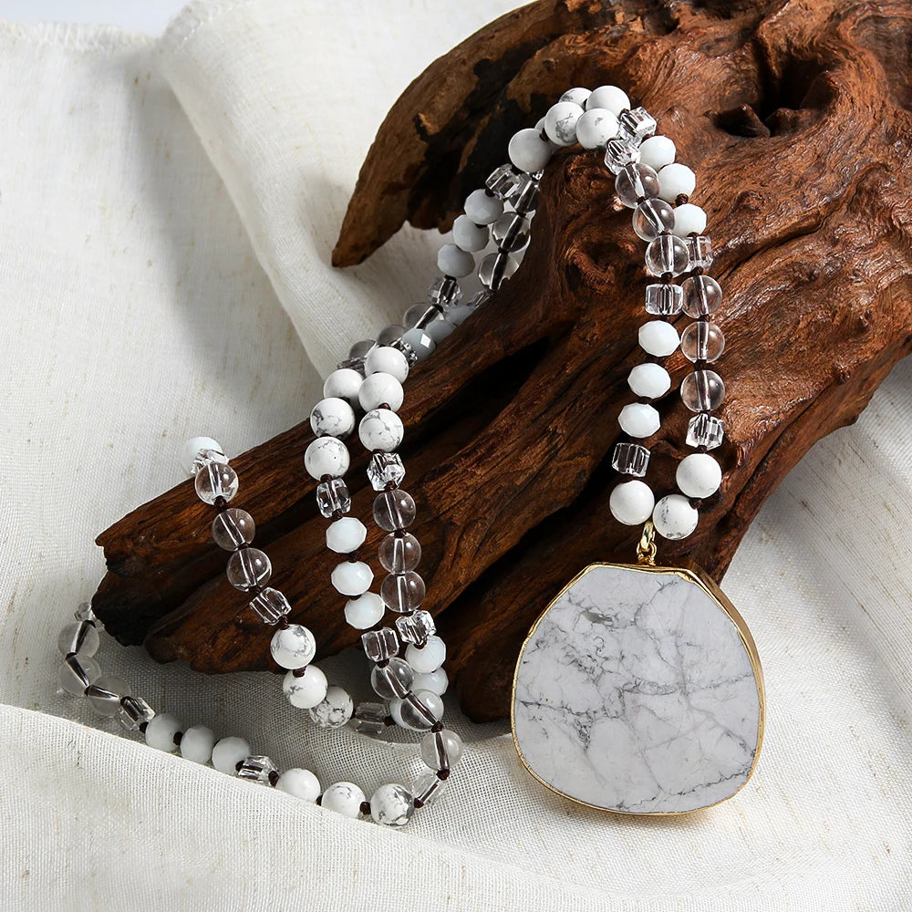 Women Fashion Bohemian Style 8mm Multicolor Natural Stone Glass Knotted Necklace Irregular Cut Surface Heavy Stone Pendant