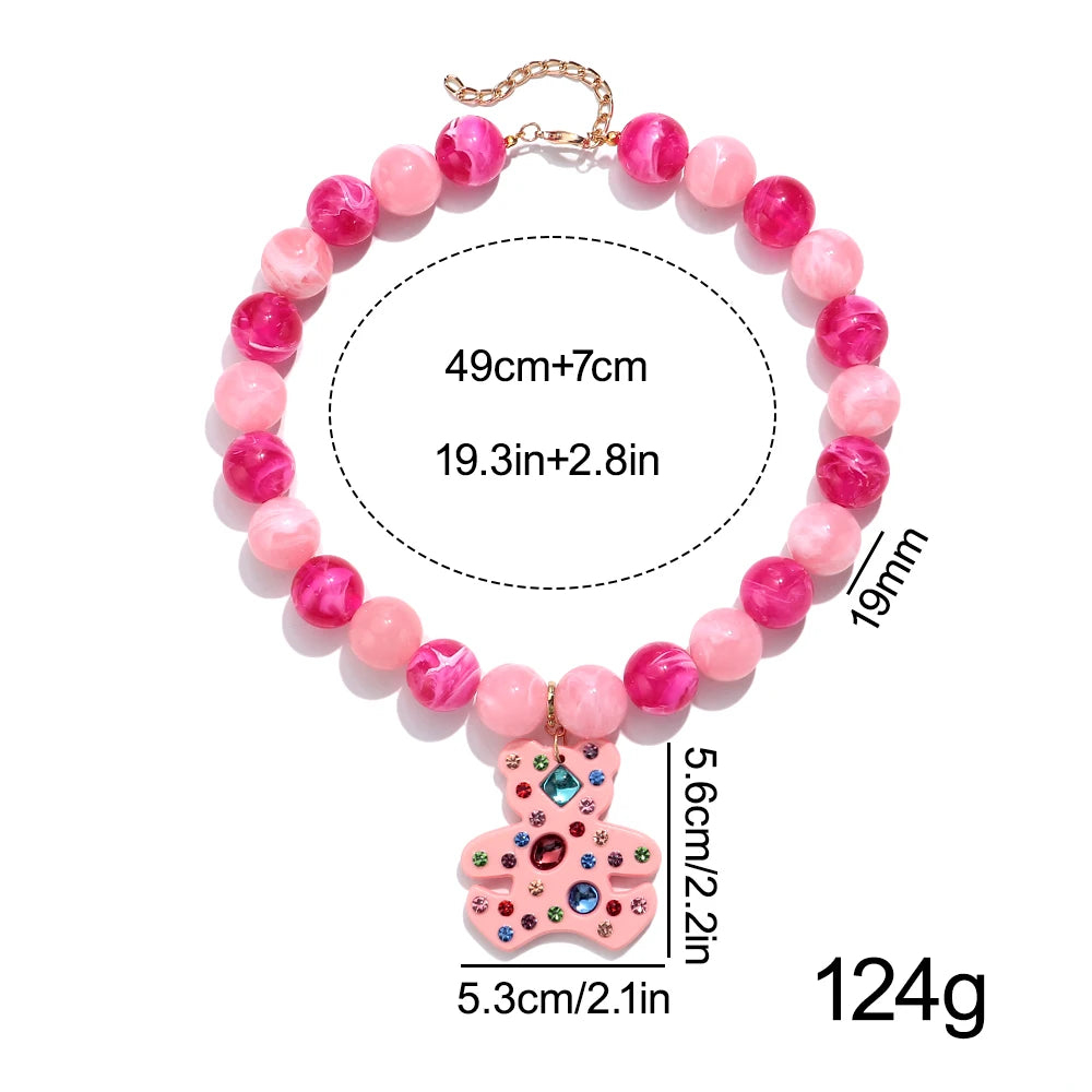 Fashion Acrylic Big Round Beads Bear Pendant Necklace for Women Colorful Geometric Beaded Choker Necklace Party Jewelry Gift