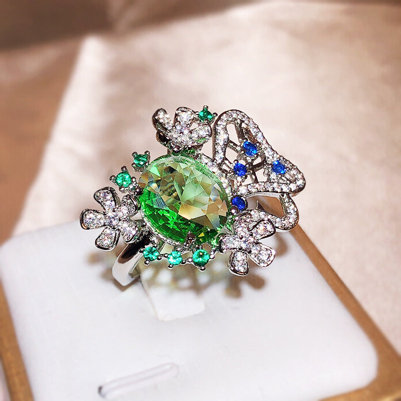 New Small Fresh Flower Oval Green Zircon Ring For Women 925 Silver Cutout Jewelry Wedding Goddess Festival Gift