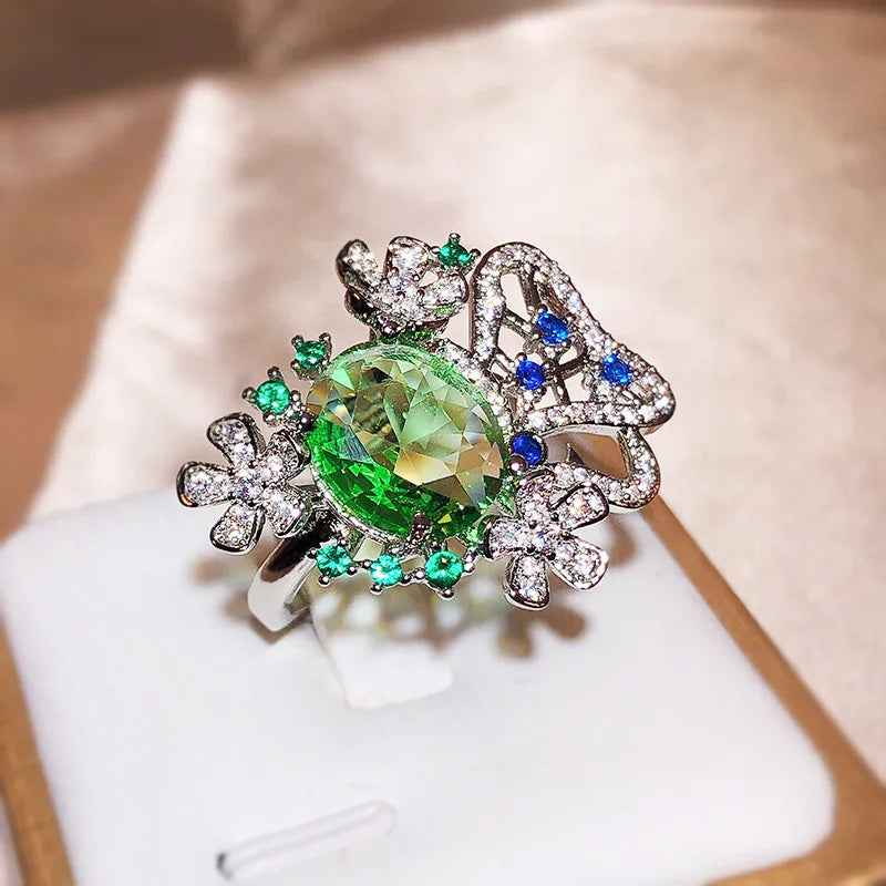New Small Fresh Flower Oval Green Zircon Ring For Women 925 Silver Cutout Jewelry Wedding Goddess Festival Gift