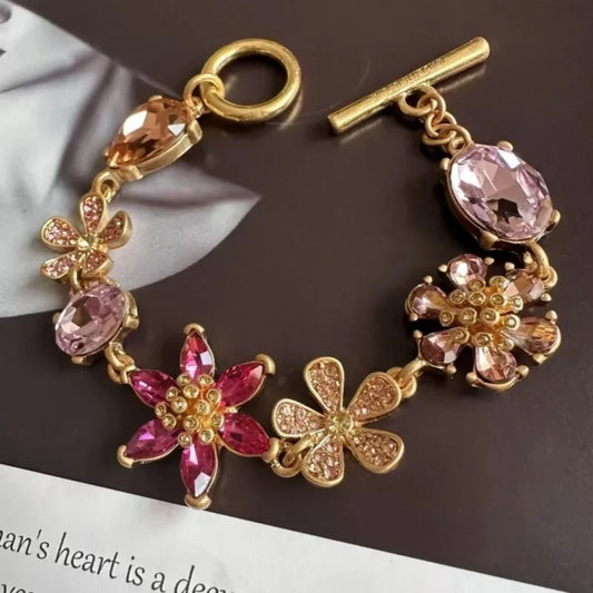 YEEVAA Vintage Gold Tone Multicolor Crystal Flower Toggle Bracelet, Boho Floral Statement Link Bracelet for Women