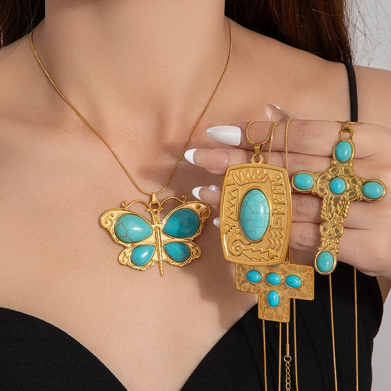 ANENJERY 316L Stainless Steel Turquoise Cross Butterfly Geometry Pendant Necklace For Women Niche Boho Exaggerated Jewelry Gifts