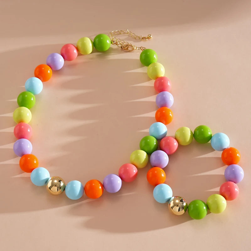 Colorful Acrylic Beads Choker Necklace and Bracelet Sets for Women Statement Jewelry Gift Accessories Fashion