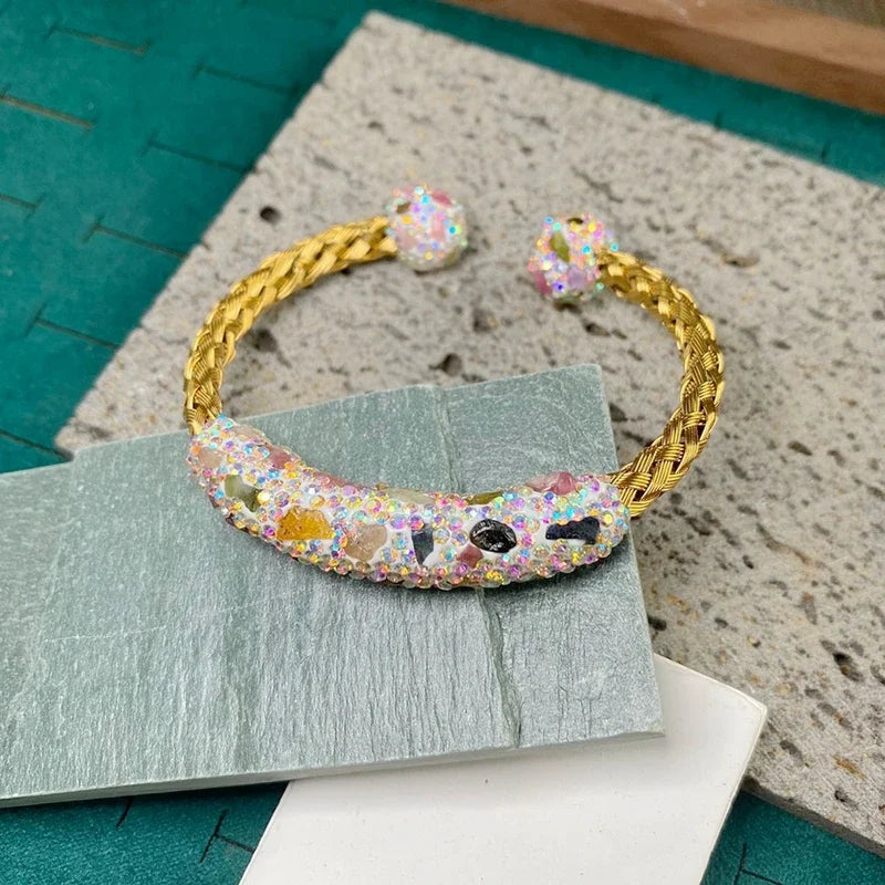 Raw Baroque Freshwater Pearl Open Bangle Women Natural Tourmaline Crystal Cuff Bracelet AB Color Rhinestone Fashion Jewelry