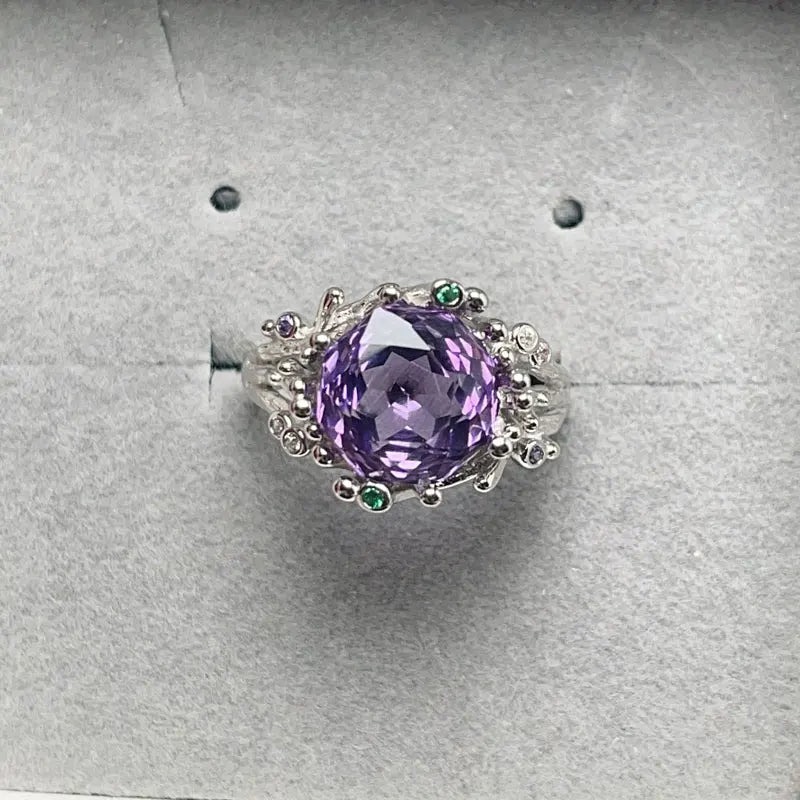 Pure Amethyst Ring for Party 10mm 4ct Natural Amethyst 925 Silver Ring with Thick Gold Plated Birthday Gift for Girlfriend