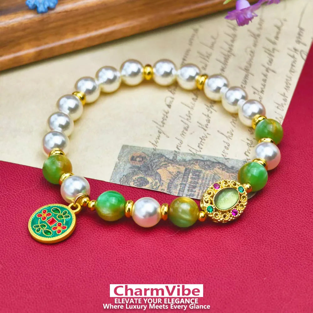 NEW Pearl Green stone Beaded Bracelet for Women Golden Enamel Charm Chinese Boho Bracelet Wedding Party Daily Wear Jewelry Gift