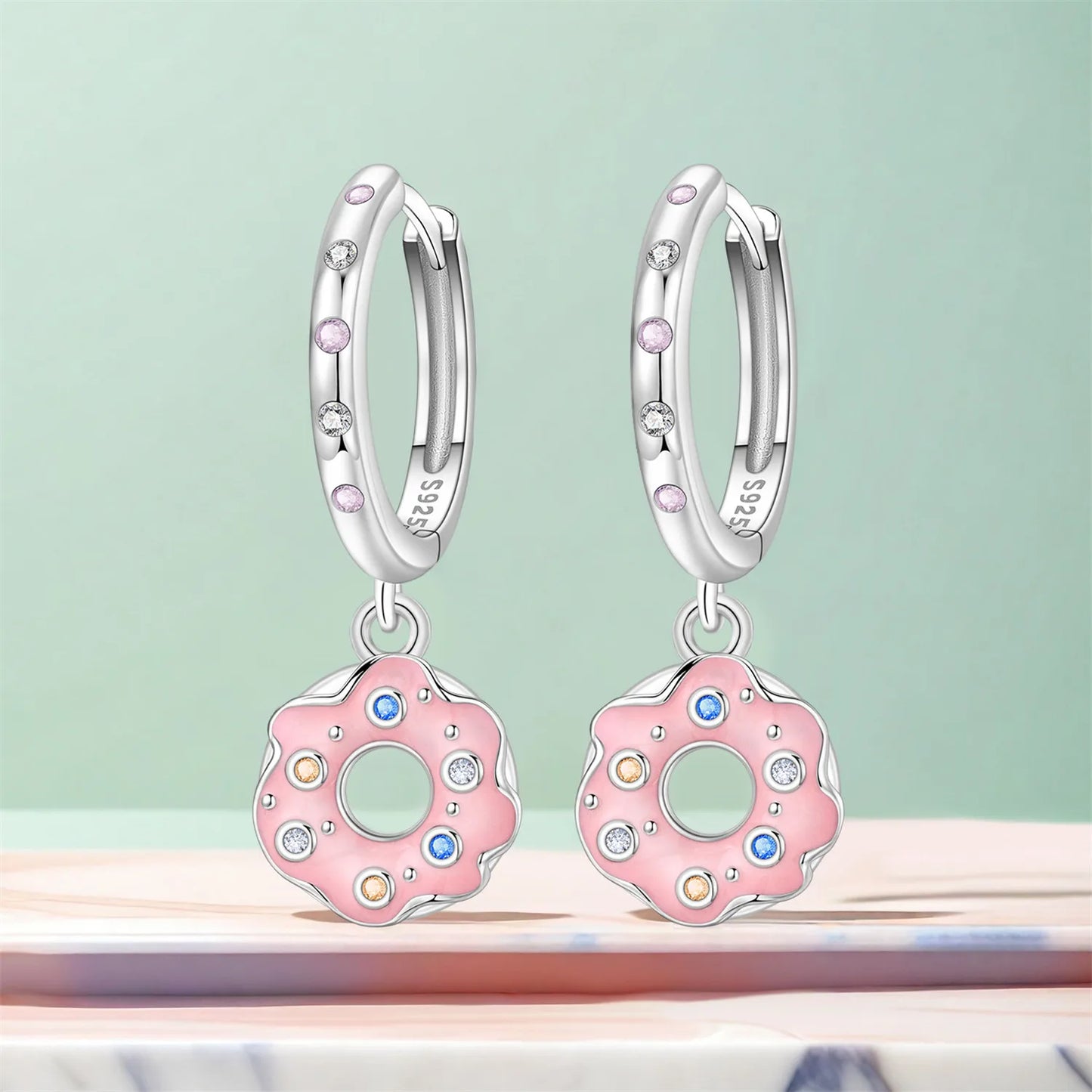 Hot Sale Original 925 Sterling Silver Zircon Pink Doughnut Earrings Flower Paw Print Design Women Party Jewelry Gifts Ear Loops