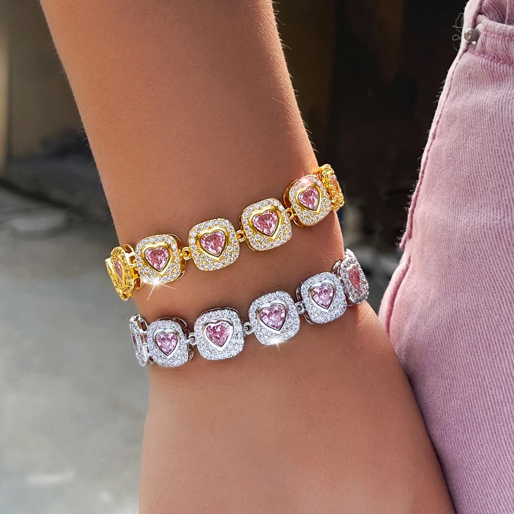 ThreeGraces Luxury Brilliant Pink Heart Zirconia Bridal Wedding Evening Party Geometric Link Chain Bracelet for Women BR474