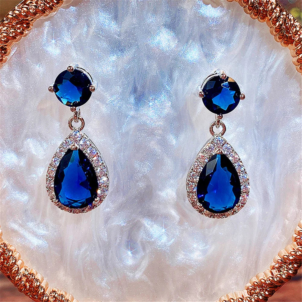 Luxury Female Blue Yellow White Zircon Stone Drop Dangle Earrings Cute Silver Color Party Jewelry For Women
