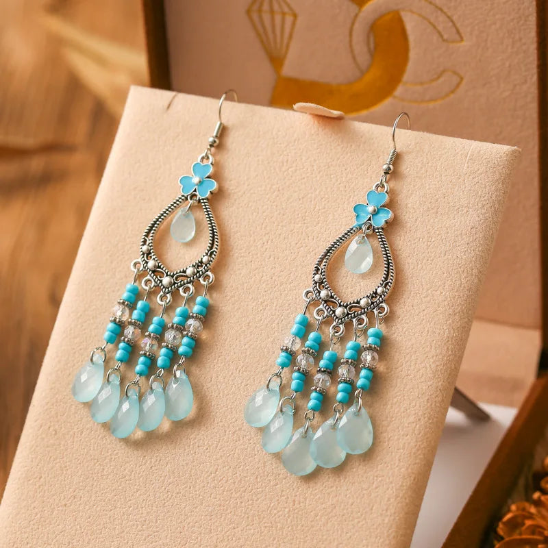 New Bohemian Long Rice Bead Water Drop Earrings for Women Ethnic Retro Drop Oil Hollow Dangle Earrings Vacation Party Jewelry
