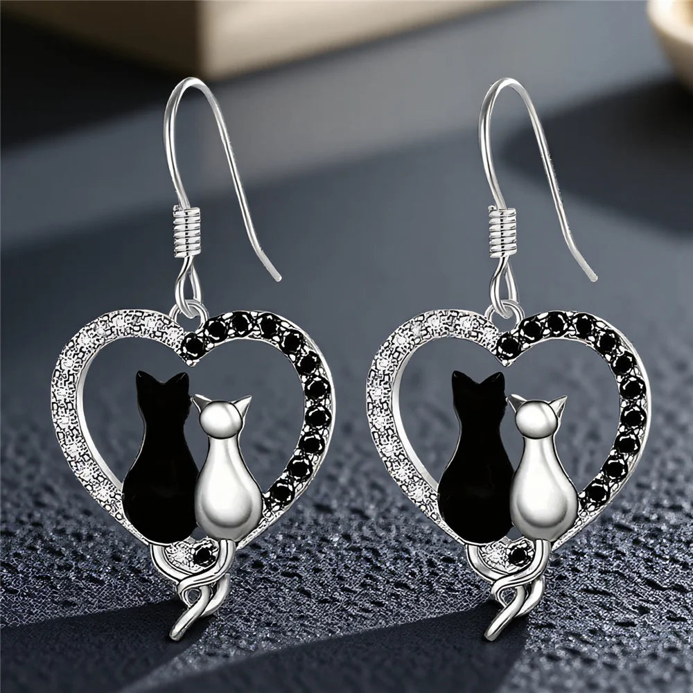 Charm Female White Black Zircon Stone Cat Animal Drop Earrings Cute Trendy Bridal Silver Color Dangle Wedding Jewelry For Women