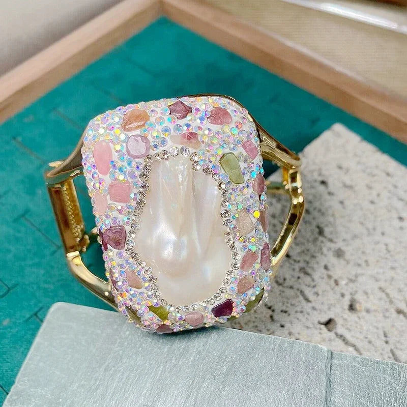 Raw Baroque Freshwater Pearl Open Bangle Women Natural Tourmaline Crystal Cuff Bracelet AB Color Rhinestone Fashion Jewelry