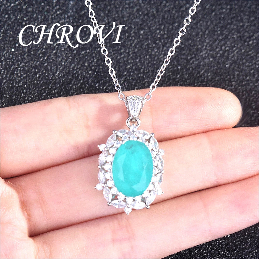New 925 Pure Silver Paraiba Diamond Necklace - Pendant Gemstone Formal Jewelry Set Including Ring and Earrings