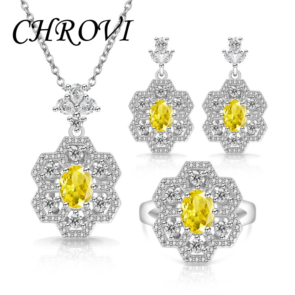 Exquisite 925 sterling silver popular flower-shaped diamond-set pendant necklace, ring, earring set jewelry set