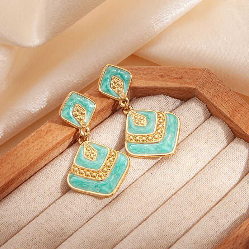 ANENJERY 316L Stainless Steel Rhombus Geometry Pendant Earrings For Women Bohemia Personality Niche Jewelry Gifts Wholesale