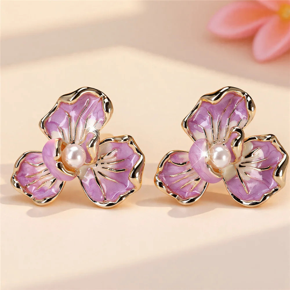 Cute Female White Pearl Purple Enamel Gold Color Flower Stud Earrings Lovely Bridal Wedding Jewelry For Women