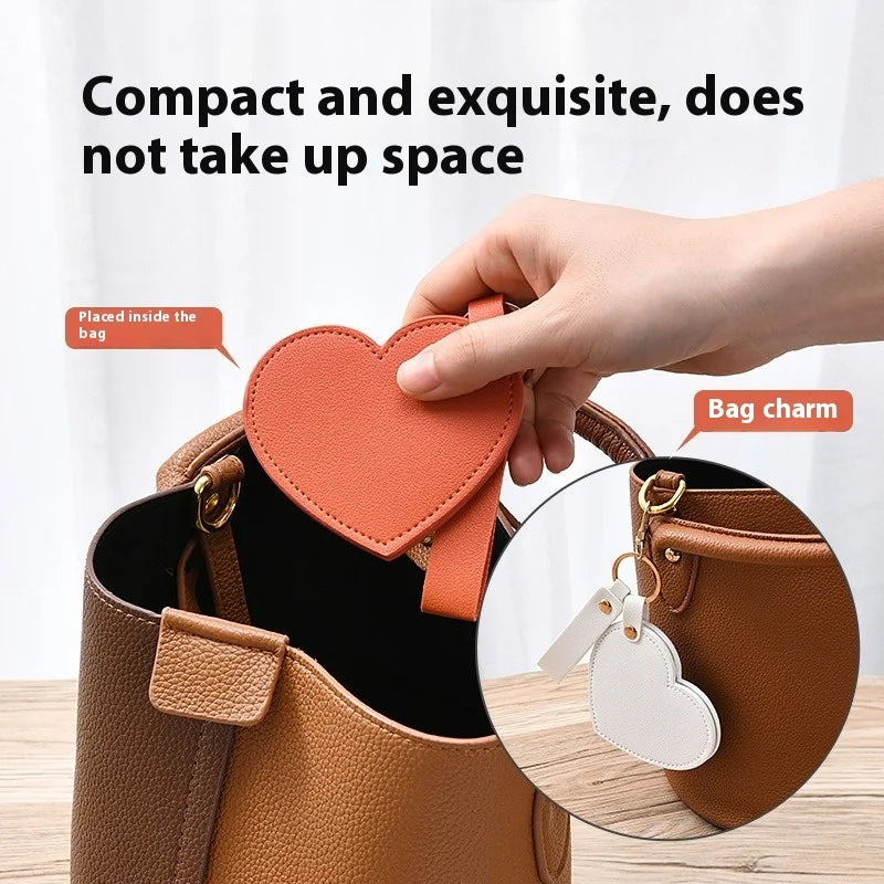 Multi-functional Heart Shape PU Leather Makeup Mirror Creativity Keychain Portable Compact with Chain for Purse Travel Gift