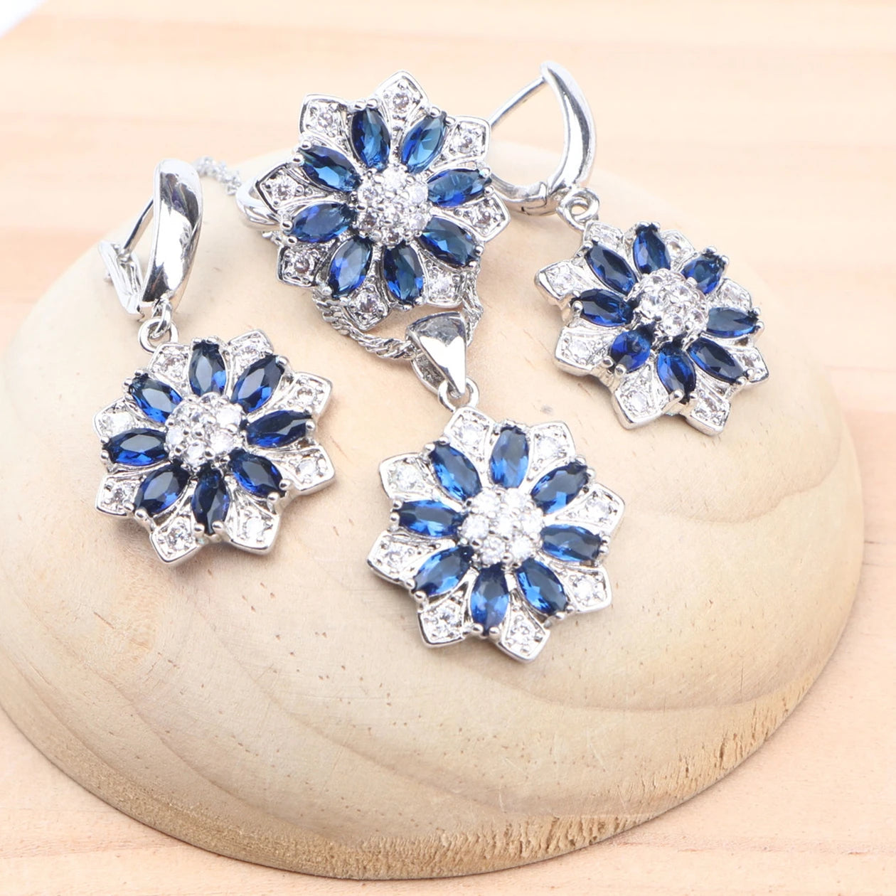 Bridal 925 Sterling Silver Wedding Jewelry Sets Cubic Zircon Rings Pendant Stones Earrings Necklace Set For Women