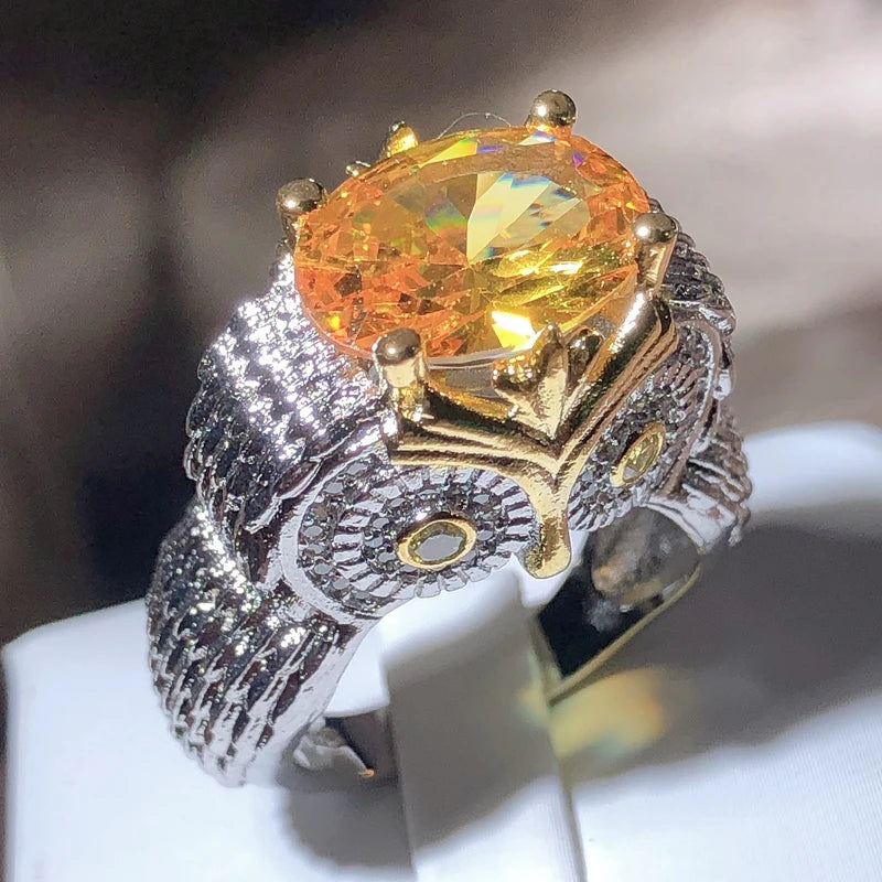 2022 New Exaggerated Large Owl Shape Orange Zirconia Ring Women 925 Stamp Party Travel Birthday Jewelry Gift