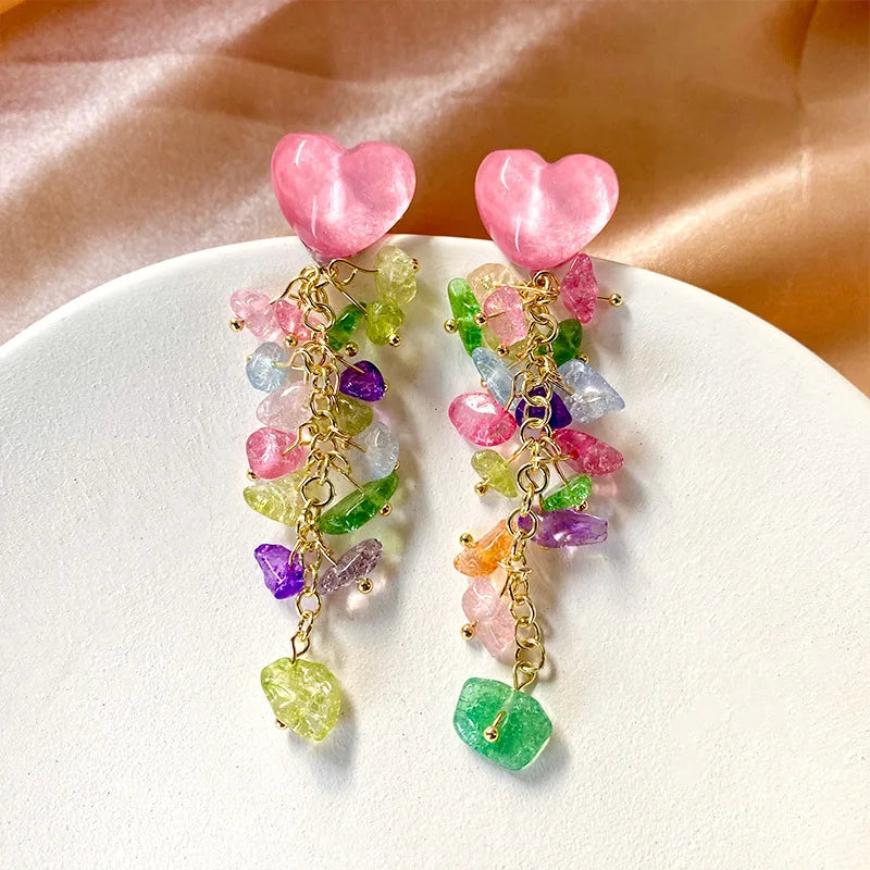 Multicolor Crystal Heart Earrings For Women Fashion Colorful Zircon Long Tassel Dangle Earrings Girls Party Daily Jewelry Gifts