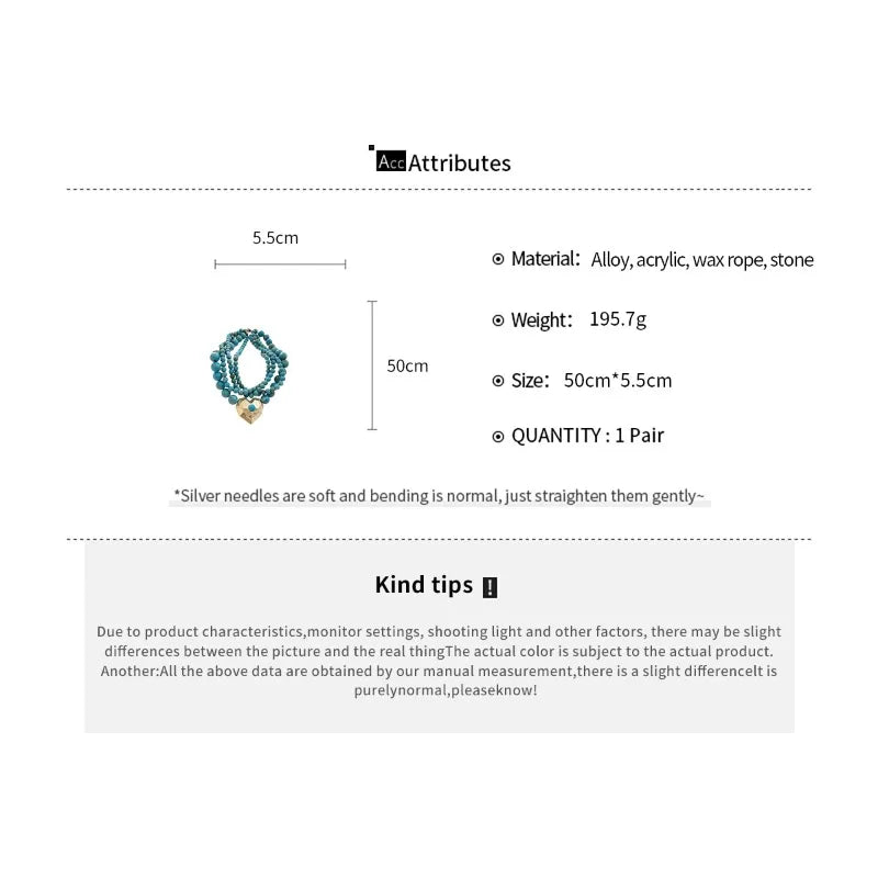Multilayer Acrylic Beaded Necklaces Geometric Heart Pendant Turquoise Boho Vintage Ethnic Chokers Collarbone Chain Women Jewelry