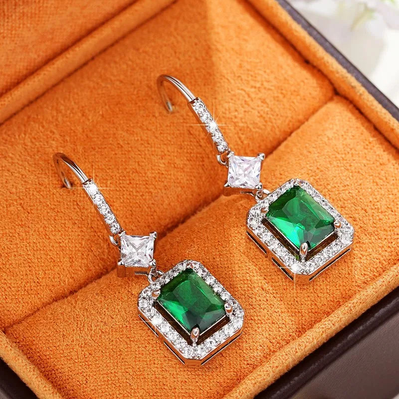 Huitan Modern Fashion Green CZ Drop Earrings for Women Silver Color Luxury Bridal Wedding Party Accessories New Trendy Jewelry