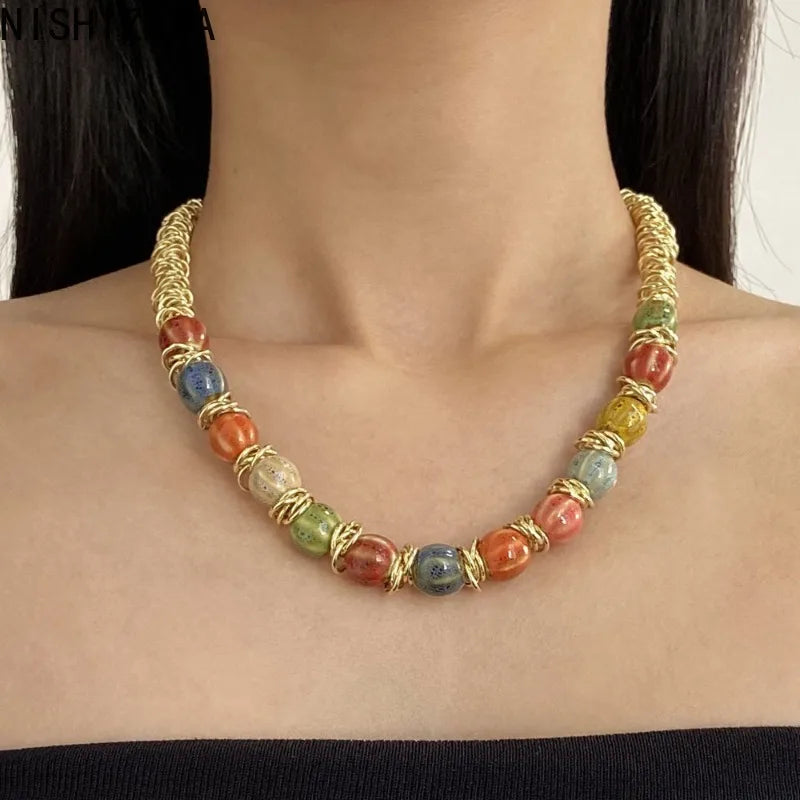 NISHIZAWA Colorful Necklaces for Women Palace Style Elegant Fashion Chokers Jewelry Beaded Hyperbole Retro Collares Para Mujer