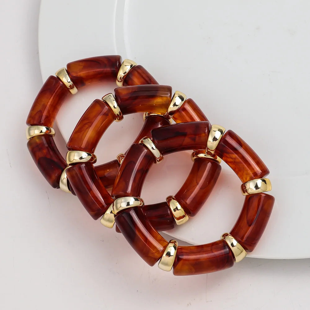 3pcs Fashion Chunky Tube Beaded Elastic Bangle Bracelets Acrylic Marbled Geometric Curved Beaded Bracelet Vintage Jewelry Gifts