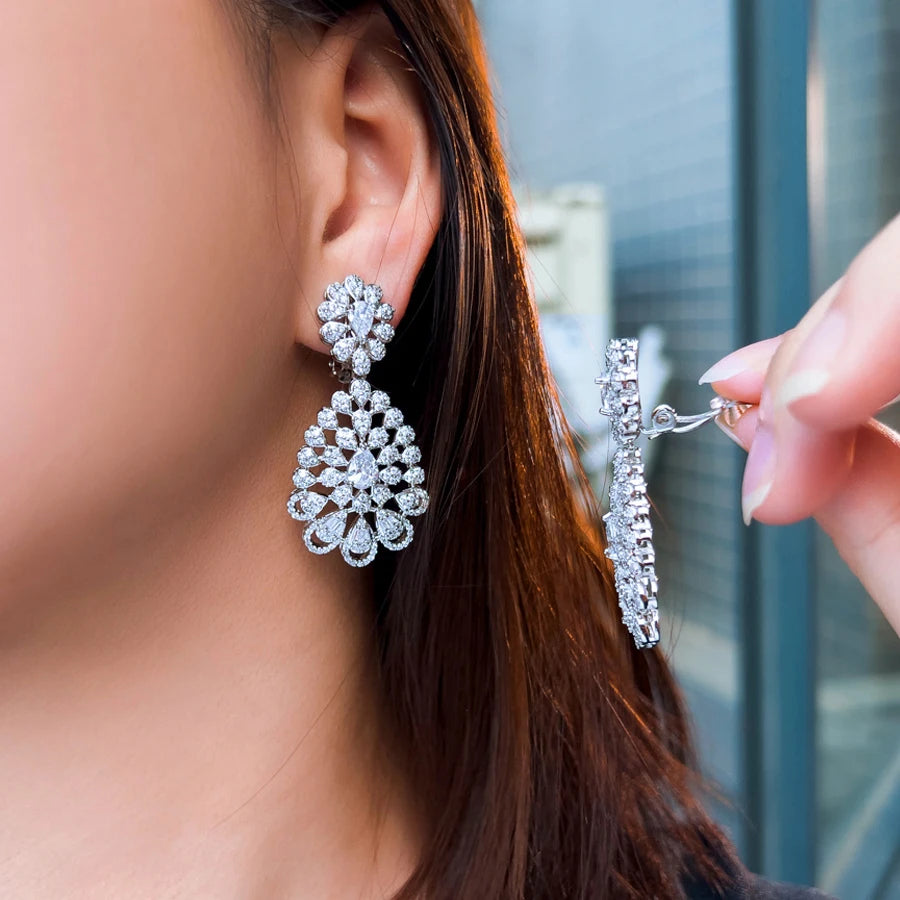 ThreeGraces New Fashion Shiny Cubic Zirconia Long Big Bridal Party Clip On Earrings for Women Luxury Banquet Jewelry EJ0109