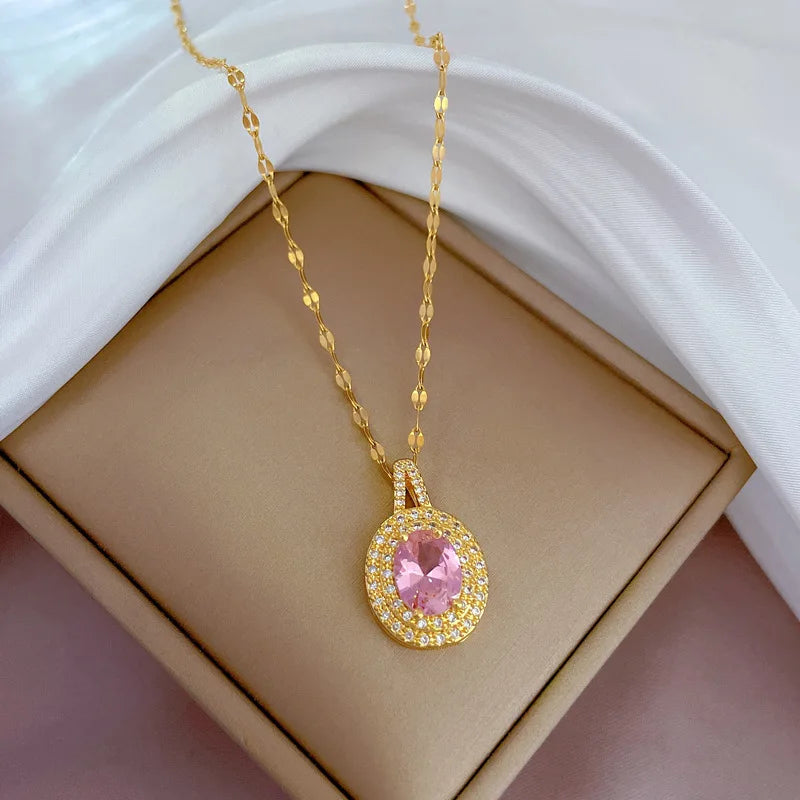 Korean Style Fashion Square Zircon Stainless Steel Necklaces For Women Luxury Elegant Female Clavicle Chain Jewelry Wholesale